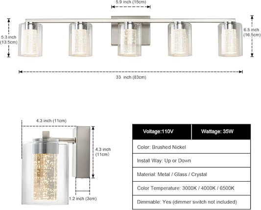 SineRise 5-Light Brushed Nickel Vanity Light with 3 Color Modes (3000K/4000K/6000K), Eye Protection LED Bathroom Light Fixture, Dimmable Modern Wall Light Over Mirror with Clear Glass Shade