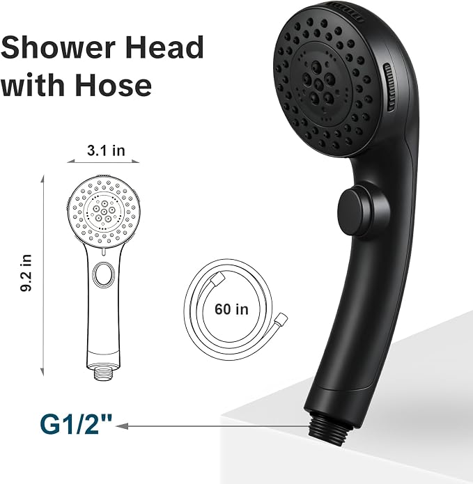 OFFO Shower Head with Hose, 5 Mode Handheld Shower Head with On Off Switch for Water Saving, High Flow Powerful Boosting Showerheads with 60" PVC Hose, Matte Black