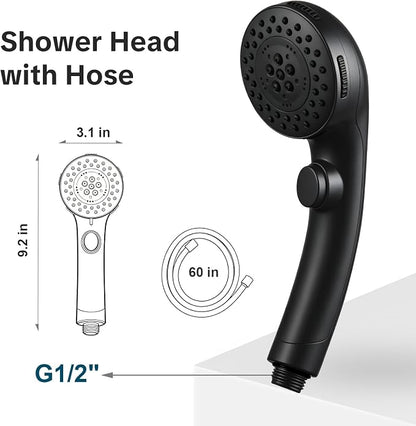 OFFO Shower Head with Hose, 5 Mode Handheld Shower Head with On Off Switch for Water Saving, High Flow Powerful Boosting Showerheads with 60" PVC Hose, Matte Black