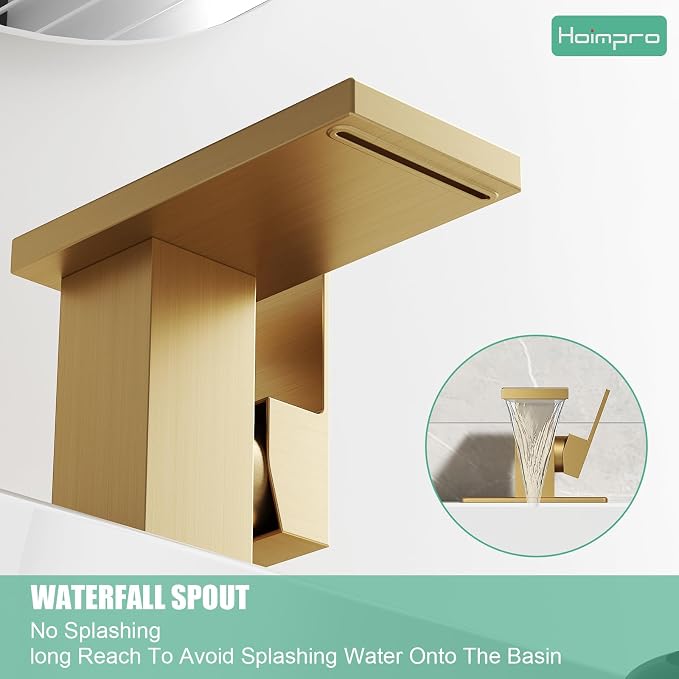 Hoimpro Bathroom Faucet 1 Hole, Single Handle Sink Faucets Brushed Gold | Widespread Vanity Faucet with 6 Inch Deck Plate Pop-up Drain & cUPC Supply Line Stainless Steel, for Vanity RV Restroom