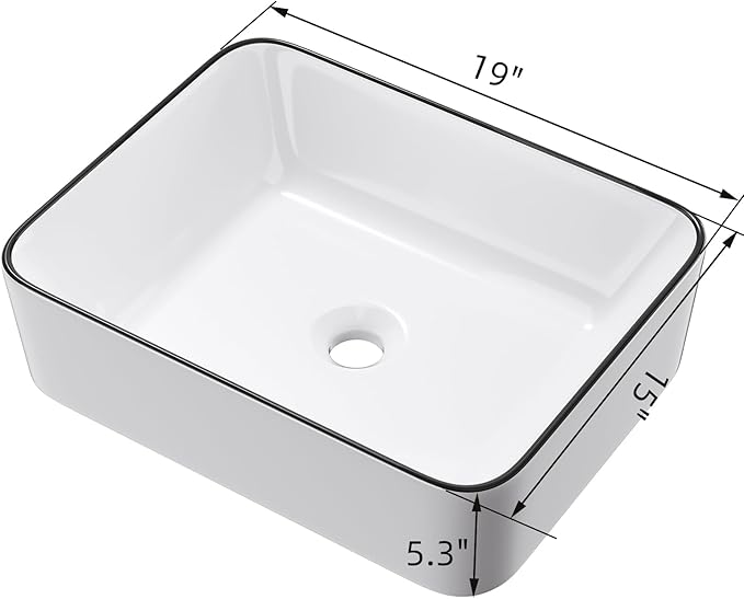 19 Inch Rectangular Bathroom Sink Above Counter, QISHKA White Ceramic Vanity Vessel Sink With Black Edges - 19" x 15" Countertop Rectangle Hand Wash Sink Porcelain Art Basin