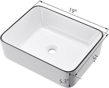 19 Inch Rectangular Bathroom Sink Above Counter, QISHKA White Ceramic Vanity Vessel Sink With Black Edges - 19" x 15" Countertop Rectangle Hand Wash Sink Porcelain Art Basin
