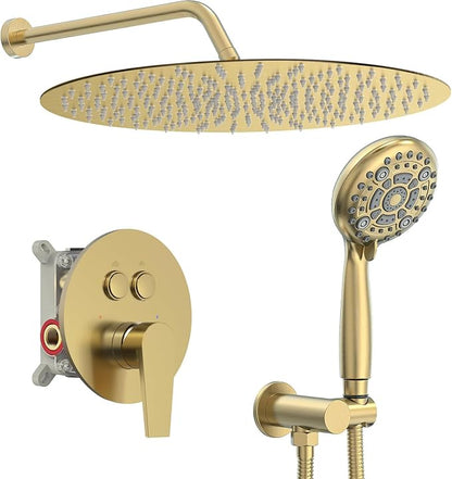SR SUN RISE 12" Brushed Gold Rain Shower Faucet Set with Valve & Handheld | Dual-function High Pressure Shower System, 6-Setting Handheld, Pressure-balanced Valve Anti-Scald, Push-button Diverter