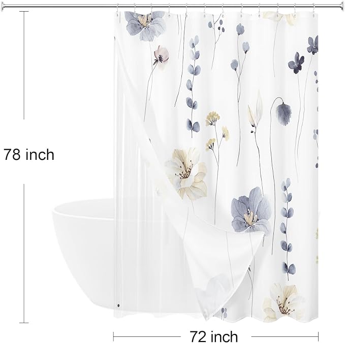 Long 3 in 1 Shower Curtain Set, 72x78 | Long 3 in 1 Shower Curtain Set, PEVA Liner Set & 12 Double Sided Steel Hooks, Waterproof Fabric Bathroom Curtain
