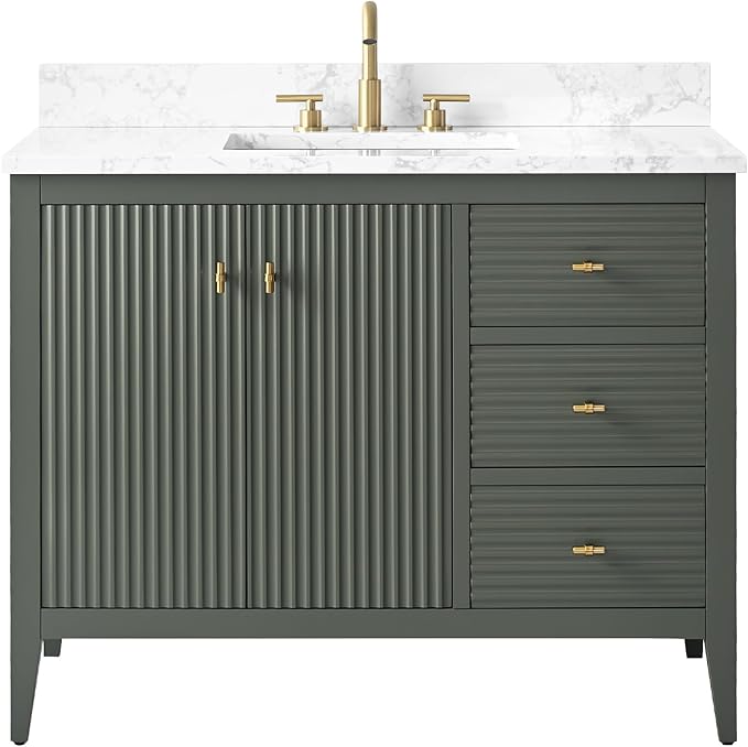 HOMEBEYOND 42" Bathroom Vanity with Sink, Solid Wood Bathroom Vanity Free-Standing Cabinet, Drawers, Ceramic Top & Soft Closing Door, Golden Brushed Handware, Vintage Green