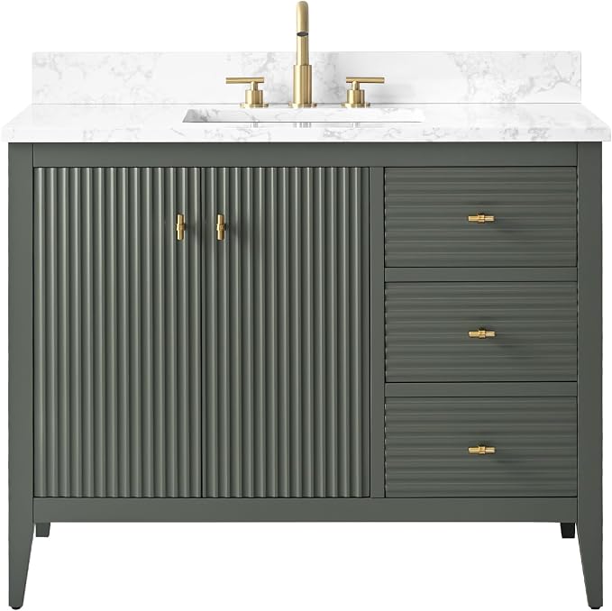 Vanity Art 42 inch Bathroom Vanity with Single Sink & Ceramic Top, Vanity Cabinet with Soft-Closing Door, Solid Wood Frame, Linear Pattern, Vintage Green, Golden Brushed Handware VA9142-VG-GB