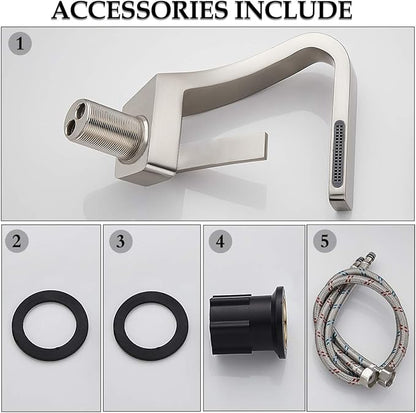 becola Bathroom Sink Waterfall Faucet,Solid Brass Single Handle Hot and Cold Water Mixer Tap, Lavatory Vanity Sink Faucet Including Two US Standard 3/8" Hoses(Brushed Nickel)