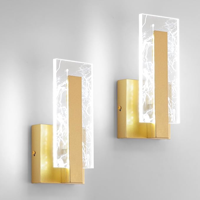 Modern LED Wall Sconces Set of 2, Hardwired Acrylic Wall Light Lighting, Gold Indoor Lighting Fixture Lamps, 6000K Cool White Wall Mount Lamps for Bedroom Corridor Stairs Bathroom