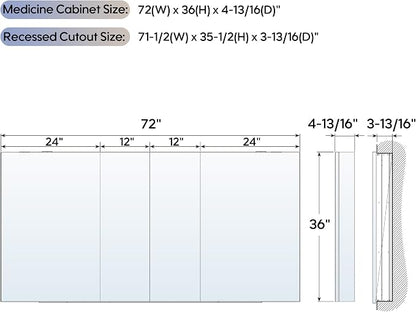 72" x 36" Bathroom Medicine Cabinet with Mirror, Anodized Chrome Aluminum Frame, Surface Mount or Recessed Medicine Cabinet with Mirror, Bathroom Mirror with Storage, Four Doors