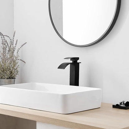 RUMOSE Tall Bathroom Faucet Matte Black Vessel Sink Faucet with Pop Up Drain Modern Single Handle One Hole Waterfall Vanity Tap, Stainless Steel