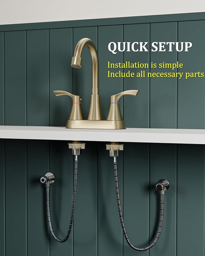 2 Pack Brushed Gold Bathroom Faucet 3 Hole 4 Inch Bathroom Sink Faucets | Stainless Steel 2 Handle Centerset Faucet for Bathroom Sink Vanity with Pop Up Drain and 4 Supply Hoses by Evolvegoods