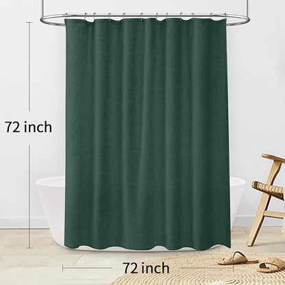 Linen Shower Curtain Dark Green, Fabric Boho Farmhouse Shower Curtains for Bathroom Cotton Natural Cloth Liner Set 72" W x 72" L