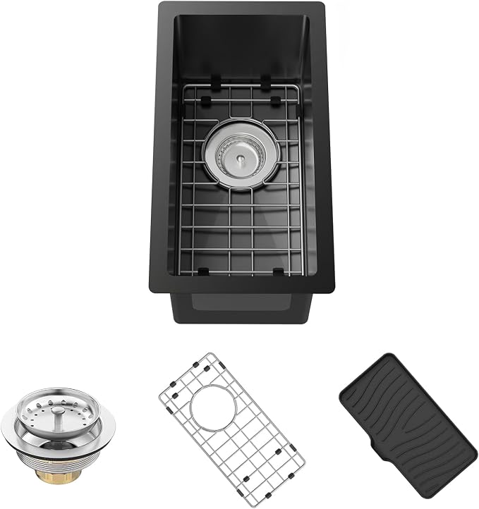Black 10x18In Stainless Steel Kitchen And Bar Sink, Undermount, Single Bowl | Small Kitchen And Bar Sink Set, Include SS Grid,Silicone Mat And Drain Assembly, Ideal Choice For Small Space