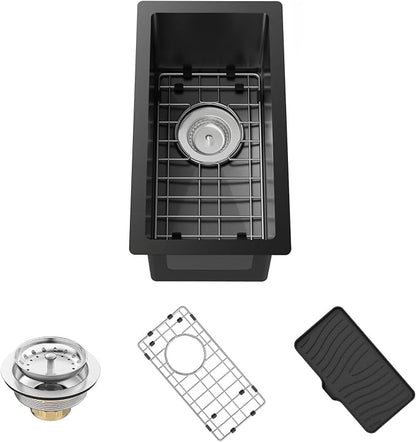 Black 10x18In Stainless Steel Kitchen And Bar Sink, Undermount, Single Bowl | Small Kitchen And Bar Sink Set, Include SS Grid,Silicone Mat And Drain Assembly, Ideal Choice For Small Space