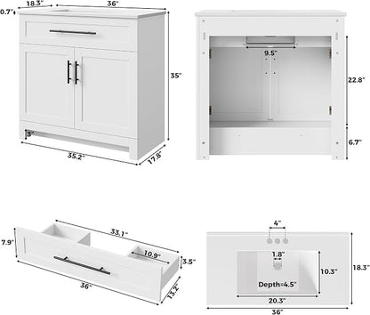 LIKIMIO 36" Bathroom Vanity with Sink, 1 U-Shaped Drawer & 2 Doors, White | Freestanding Bathroom Vanity, Integrated Ceramic Sink, Soft-Close Doors & Drawer, Modern Bathroom Storage Cabinet