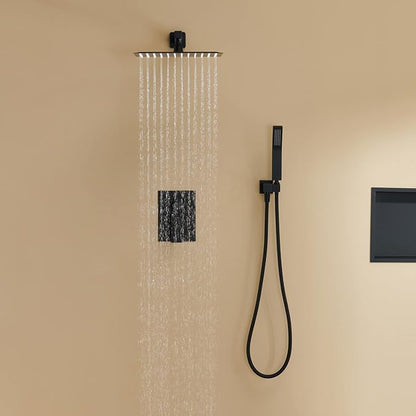 Rain Shower System 12 Inches Shower Combo Set Black Wall Mount Faucet Bathroom Faucets with Rainfall Shower Head and Hand Shower