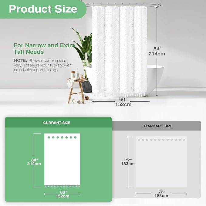 Stall Boho Farmhouse Shower Curtain Tufted Geometric 60"x84" White | 60 x 84 inch Long, Elegant Tassel, Lightweight Textured Fabric, Water Repellent, Washable, for Narrow Bathroom/Dorm 10 Hooks