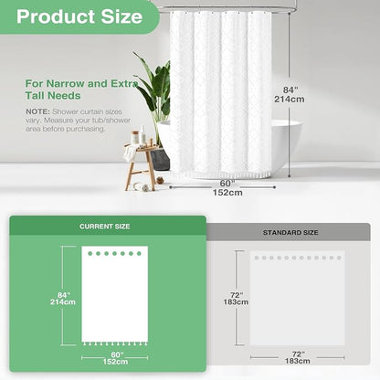 Stall Boho Farmhouse Shower Curtain Tufted Geometric 60"x84" White | 60 x 84 inch Long, Elegant Tassel, Lightweight Textured Fabric, Water Repellent, Washable, for Narrow Bathroom/Dorm 10 Hooks