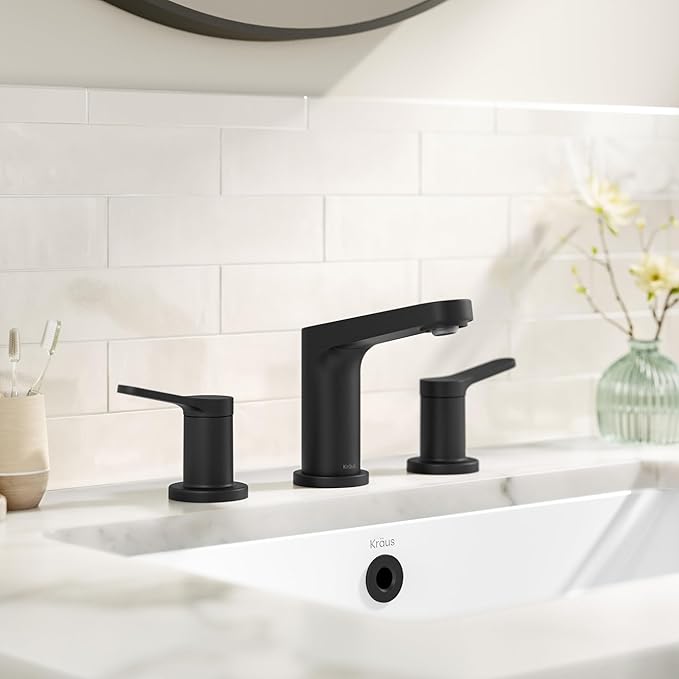 KRAUS Indy Widespread Bathroom Faucet in Matte Black with 2 Handles, Pop Up Drain and Supply Lines, FUS-14103MB