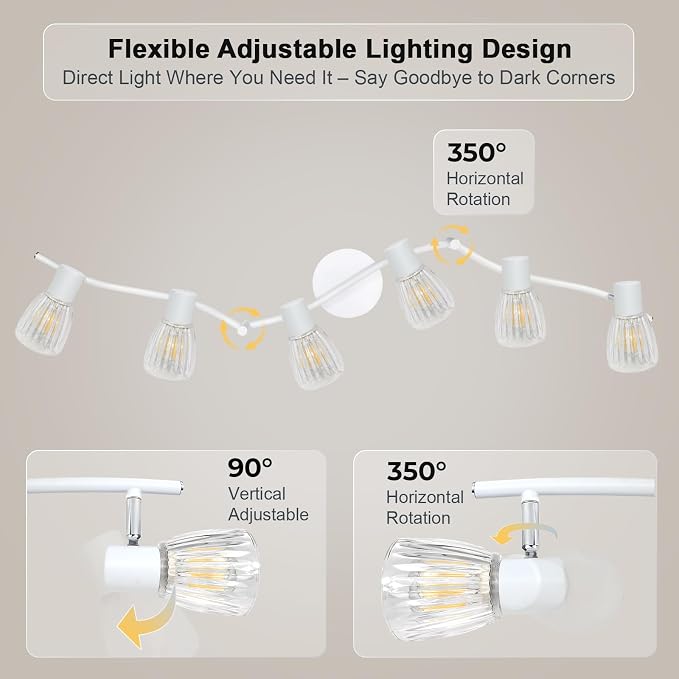 HiBay 6-Light Track Lighting, Flexible Modern Ceiling Light Fixture White | with Glass Shades, Flush Mount Ceiling Wall Track Spot Lights Indoor for Kitchen, Living Room, Bedroom, E12 Base, No Bulbs