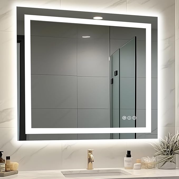 EchosLife 40"x38" Lighted Mirrors for Bathroom Wall | Backlit + Front Lit, Anti-Fog, Stepless Dimmable, 3 Colors, Memory, Tempered Glass, UL Listed, Horizontal/Vertical
