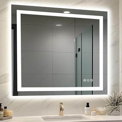 EchosLife 40"x38" Lighted Mirrors for Bathroom Wall | Backlit + Front Lit, Anti-Fog, Stepless Dimmable, 3 Colors, Memory, Tempered Glass, UL Listed, Horizontal/Vertical