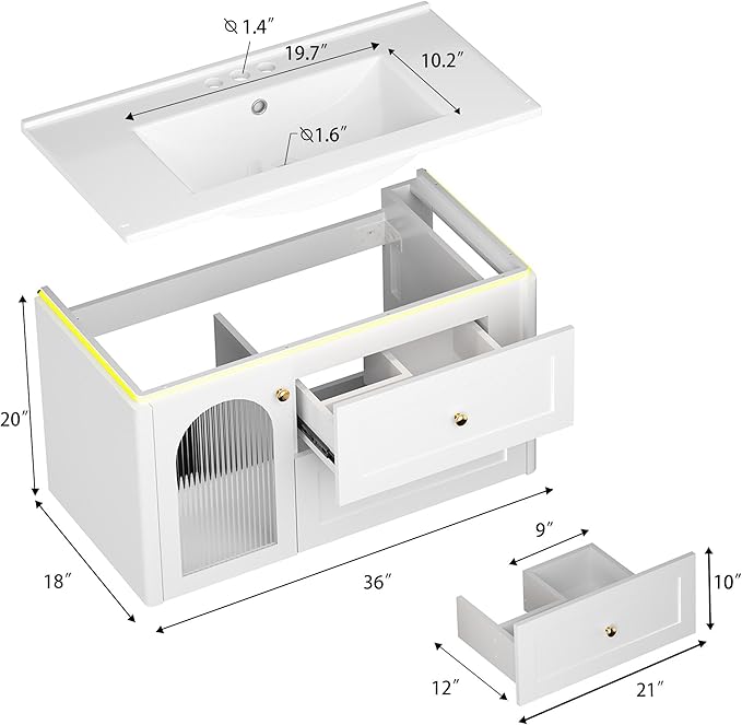 36 inch Floating Bathroom Vanity with Sink, Soft-Close Storage Cabinet and 2 Drawers, Wall-Mounted Modern LED Bathroom Cabinet with Ceramic Integrated Sink, White