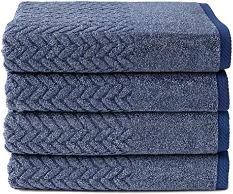 Texere 100% Organic Cotton Jacquard 650 GSM Premium Bath Towel Sets - Extra Absorbent Quick Dry and Plush (Cable, Estate Blue, 4 Bath Towels)