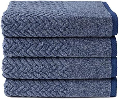 Texere 100% Organic Cotton Jacquard 650 GSM Premium Bath Towel Sets - Extra Absorbent Quick Dry and Plush (Cable, Estate Blue, 4 Bath Towels)