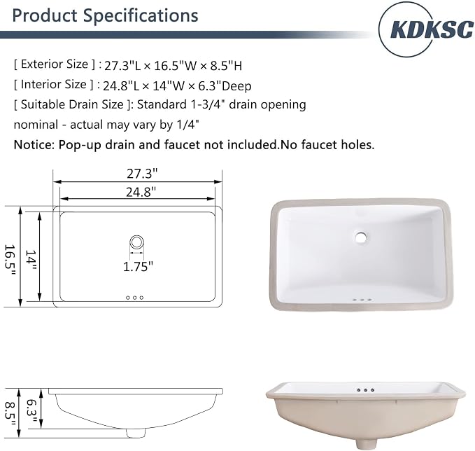 27 Inch Undermount Bathroom Sink White Ceramic Rectangular Under Counter Bathroom Sink for Cabinet Porcelain Vanity Sinks,Overflow Type (27.3"x16.5")