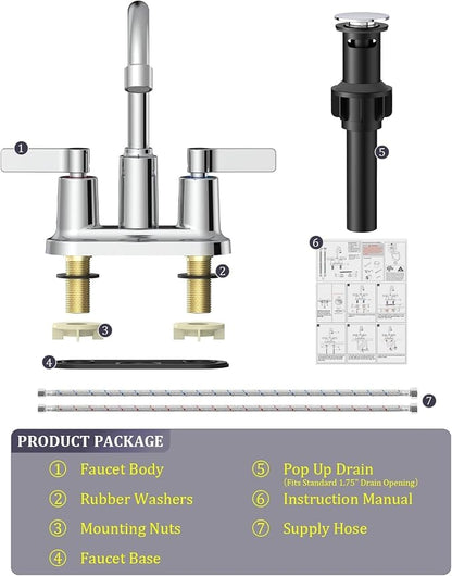 2 Pack Chrome 4 Inch Centerset Bathroom Sink Faucet 3 Hole | Faucet for Bath Sink with Pop Up Drain and 2 Supply Hoses 2 Handle Bathroom Faucets for Sink Vanity RV Evolvegoods