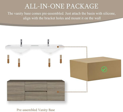 KEIKI 60'' Wall-Mounted Bathroom Vanity with Double Sinks - Floating Design, 2 Soft-Close Drawers & Doors & Resin Basin, Space-Saving for Small Bathrooms, Ash Grey