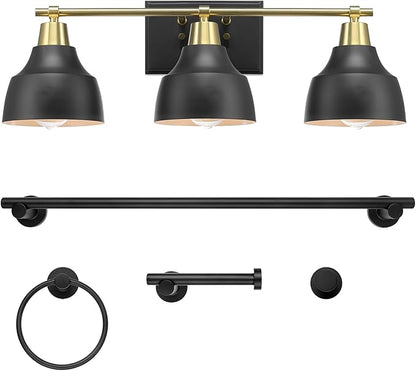 Globe Electric 63000204 5-Piece All-in-One Bathroom Accessory Set, 3-Light Vanity Light, Matte Black & Brass, Towel Bar, Robe Hook, Toilet Paper Holder, Towel Ring, Bath, Bathroom Lights Over Mirror