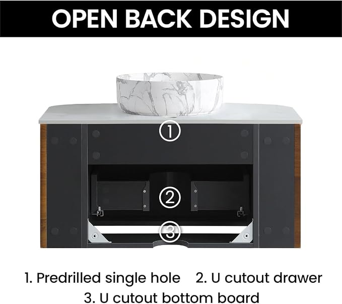 30" Preassembled Floating Bathroom Vanity with Carrara Finish Sink, Walnut | Mid-Century Modern Style, Fluted & Soft-Close Drawer with U-shaped Wall, Sinterted Stone Countertop, Towel Rack Included