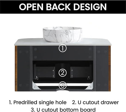 30" Preassembled Floating Bathroom Vanity with Carrara Finish Sink, Walnut | Mid-Century Modern Style, Fluted & Soft-Close Drawer with U-shaped Wall, Sinterted Stone Countertop, Towel Rack Included