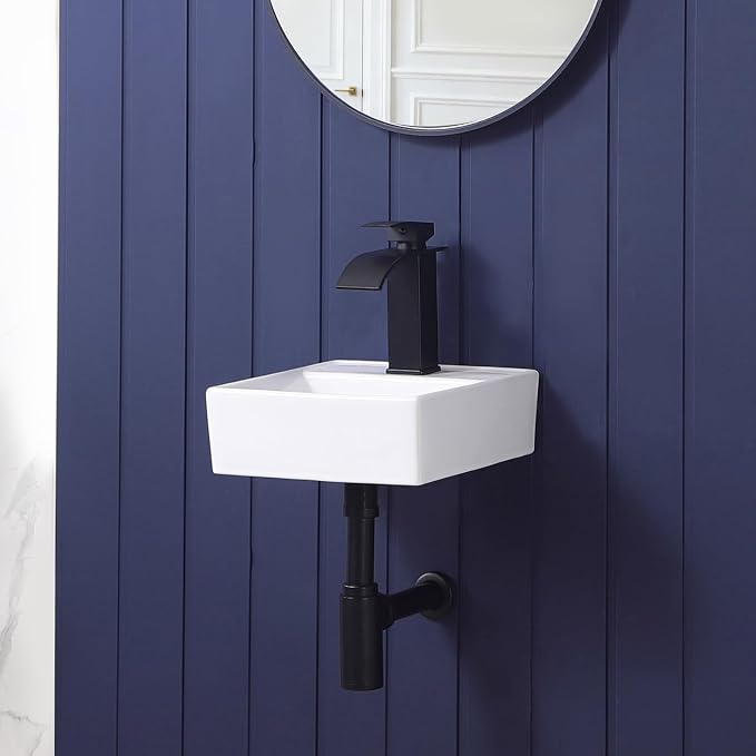 Small Wall Mount Bathroom Vessel Sink 11"x12" Bathroom Sink White | Wall Mounted Rectangular Wall Hung Mini Porcelain Ceramic Floating Tiny Sink RV Sinks