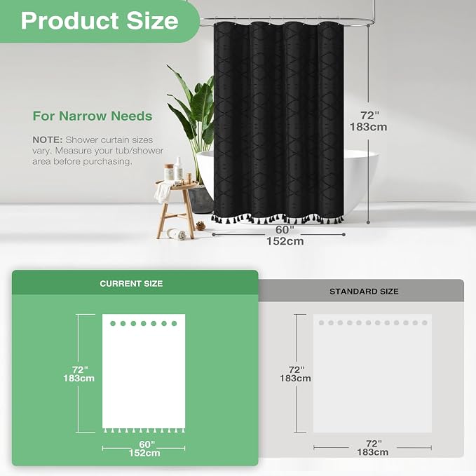 Stall Boho Farmhouse Shower Curtain Tufted Geometric 60"x72" Black | 60 Inch Wide, Elegant Tassel, Lightweight Textured Fabric, Water Repellent, Washable, for Narrow Bathroom/Dorm 10 Hooks