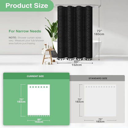 Stall Boho Farmhouse Shower Curtain Tufted Geometric 60"x72" Black | 60 Inch Wide, Elegant Tassel, Lightweight Textured Fabric, Water Repellent, Washable, for Narrow Bathroom/Dorm 10 Hooks
