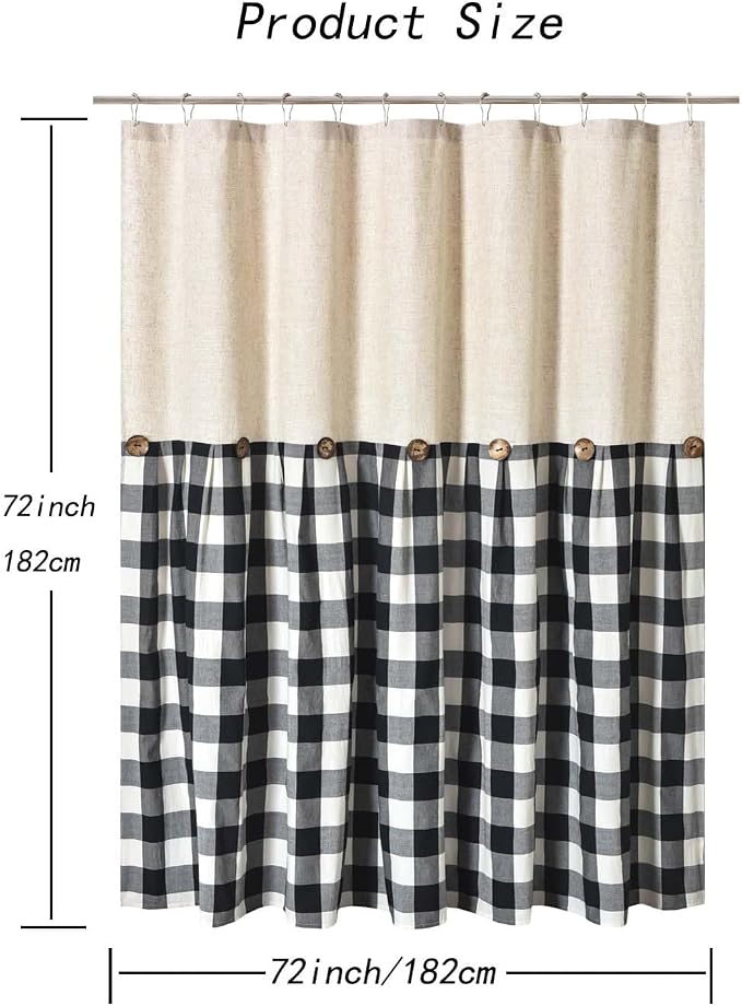 DOSLY Ides Linen Button Farmhouse Shower Curtain, Linen and Cotton Fabric, Pleated Black and White Buffalo Plaid Checked Pattern, Country Style, 72x72 in