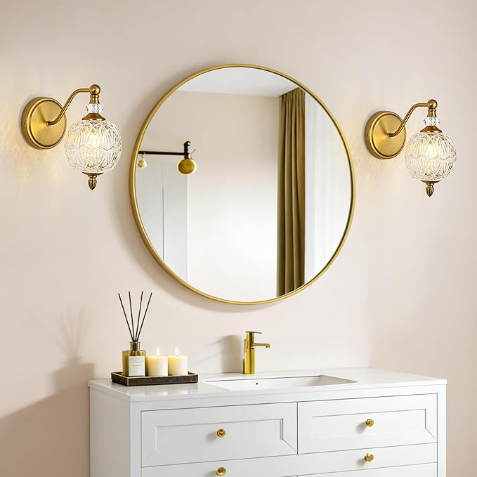 1 Piece Vintage Wall Sconce, 1-Light Mid Century Matte Brass Finish Wall Sconce with Globe Glass Shade, Retro Light for Bathroom, Bedroom, Living Room,Powder Room