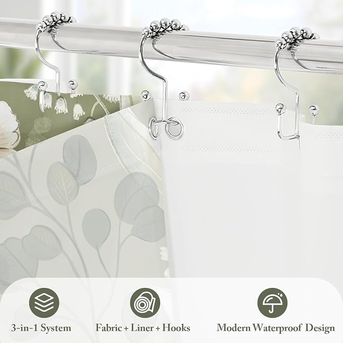 3 in 1 Green Floral Shower Curtain Set with PEVA Liner & 12 Hooks, 72 x 72 | Boho Tropical Botanical Style, Farmhouse Floral Fabric, Modern Hotel Inspired, Water‑Repellent, Machine Washable