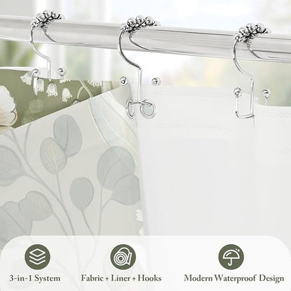 3 in 1 Green Floral Shower Curtain Set with PEVA Liner & 12 Hooks, 72 x 72 | Boho Tropical Botanical Style, Farmhouse Floral Fabric, Modern Hotel Inspired, Water‑Repellent, Machine Washable