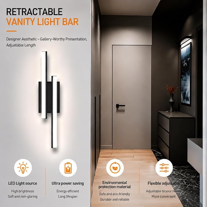 Bathroom Light Fixture Over Mirror Retractable Vanity Light Bar | 5CCT 24 Inch Modern LED Dimmable Black Bathroom Lamp IP44 25W 2200LM - Wall Light Fixture ETL Certified (2 Pack)