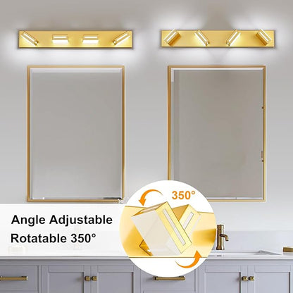 LED Modern Bathroom Light Fixtures, 4-Light 30-Inch Gold Vanity Lights for Bathroom Lighting Fixtures Over Mirror, 350° Rotatable Acrylic, 6000K Cool White Wall Lamp