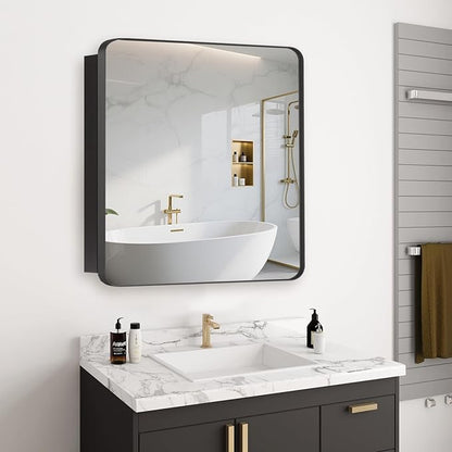 24’’x24’’ Medicine Cabinet,Metal Framed Medicine Cabinet Mirror with Round Corner,Recessed and Surface Mount Bathroom Mirror with Storage, Removeable Shelves,Dark Gray Frame