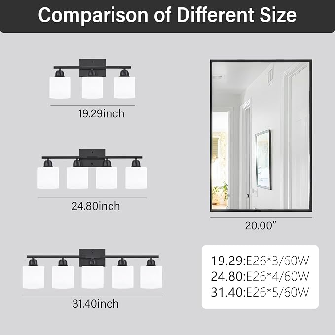 4-Light Black Bathroom Vanity Light, Light Fixtures with Milky White Frosted Glass Shades, Black Vanity Light for Bathroom Mirror, Bedroom, Living Room, Vanity Table, E26 Base