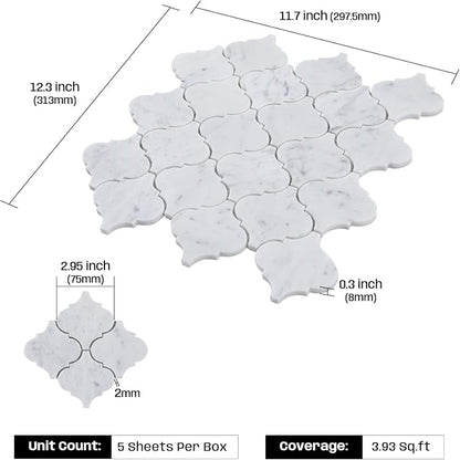 3 Inch Arabesque Carrara White Marble Mosaic Tile for Wall Floor, 5 Sheets | Water & Heat Resistant Polished Marble Backsplash Tiles for Kitchen Bathroom Fireplace Surround Durable Unique Veins 3.9SQFT