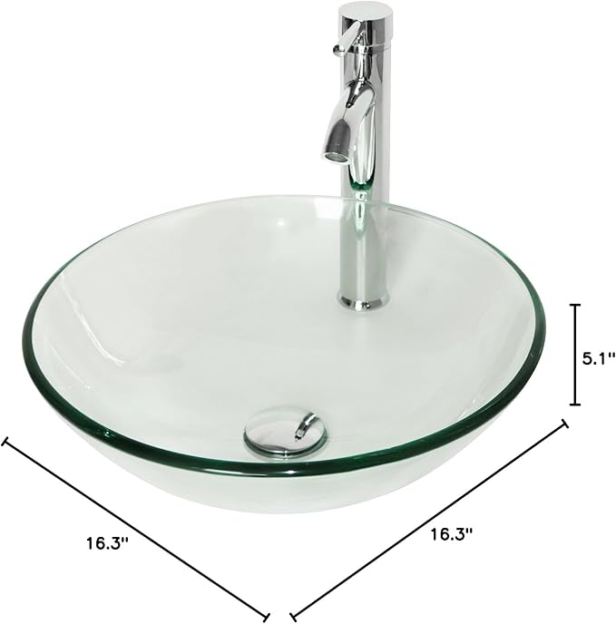 wonline Bathroom Round Tempered Clear Glass Vessel Sink Chrome Faucet & Pop-up Drain