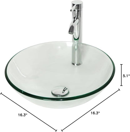 wonline Bathroom Round Tempered Clear Glass Vessel Sink Chrome Faucet & Pop-up Drain
