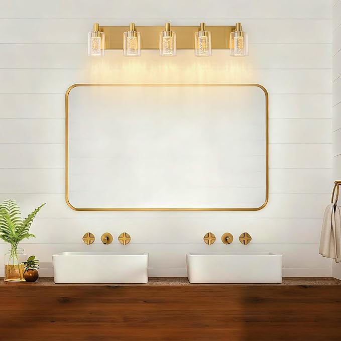 SineRise Vanity Light with 3 Color Modes (3000K/4000K/6000K), Eye Protection LED Bathroom Light Fixture, Dimmable Modern Wall Light Over Mirror with Clear Glass Shade (Gold, 5-Light)